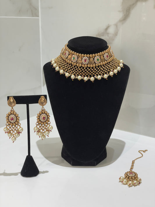 The Rajwada Heirloom Polki Pearl Set - Ruby and Green