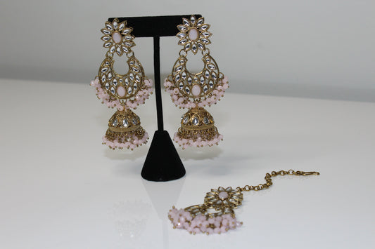 Gleaming Petals Earring and Tikka Set - Pink