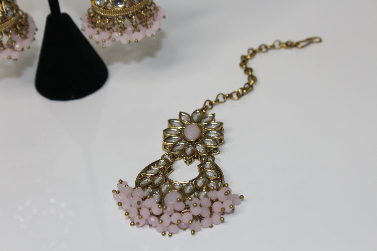 Gleaming Petals Earring and Tikka Set - Pink
