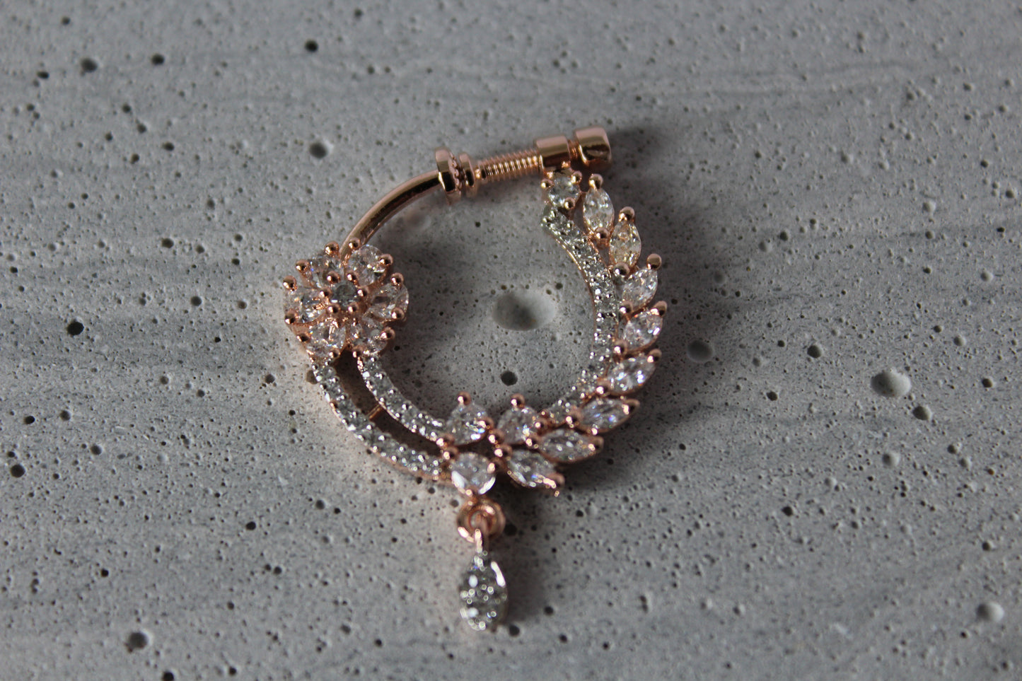 Shimmering Blossom Rose Gold Faux Nose Ring - Left Side