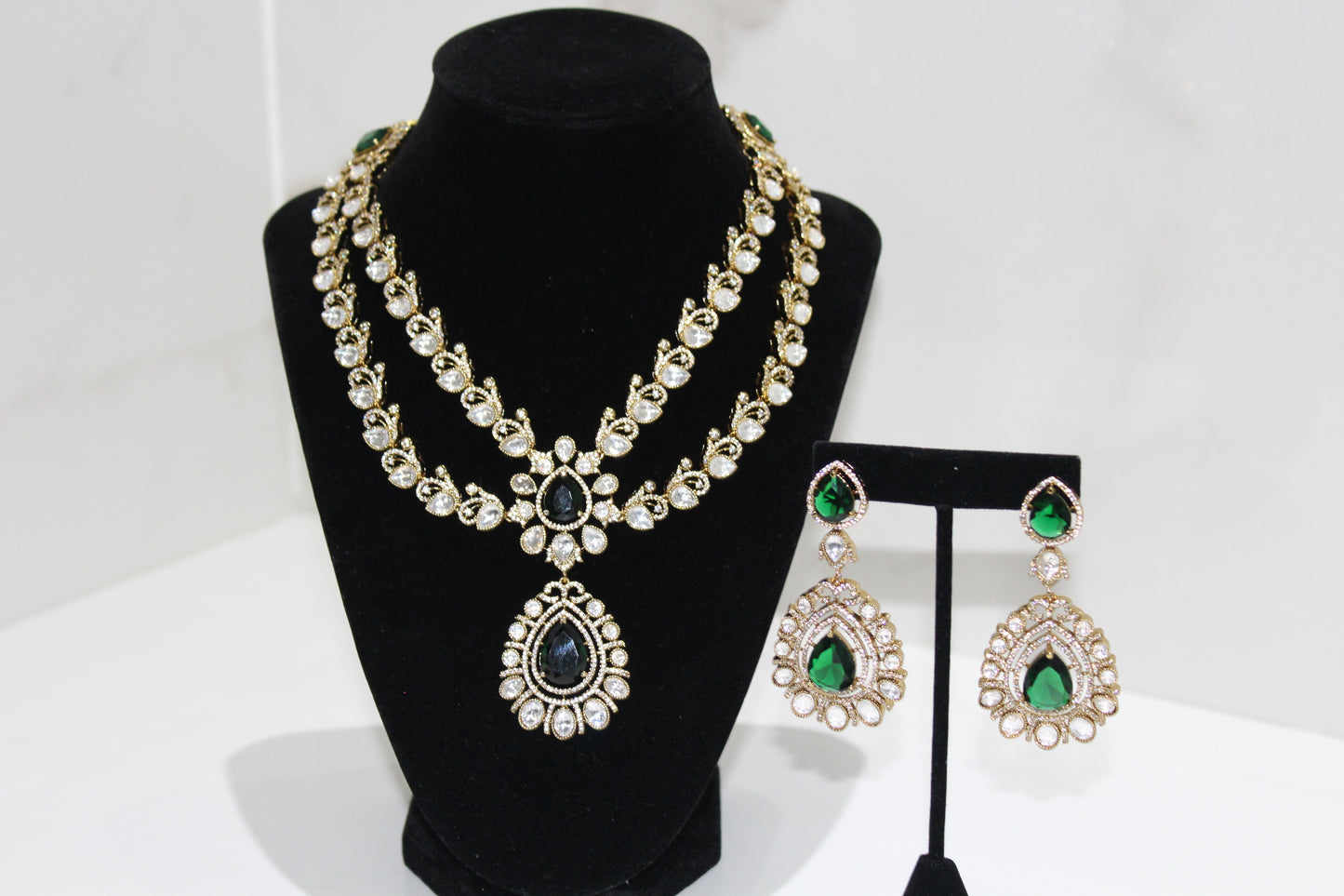 Victorian Grace Moissanite Polki Set - Emerald Green