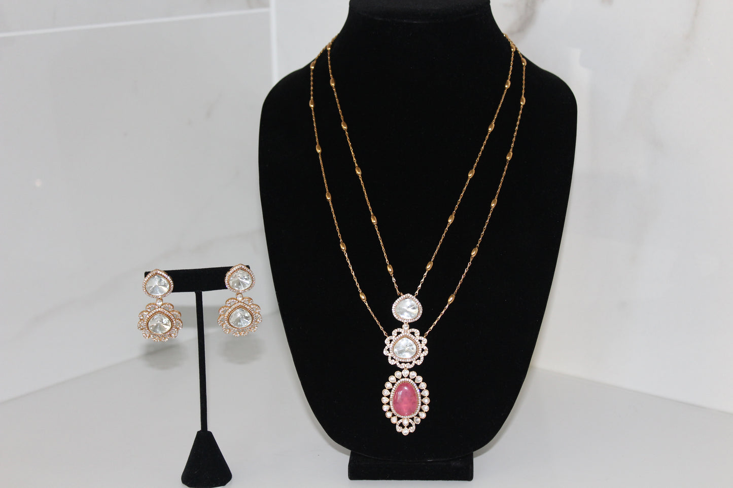 Ornate Majesty Moissanite Polki Long Necklace Set - Pink