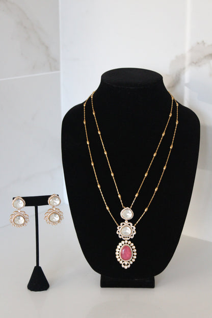 Ornate Majesty Moissanite Polki Long Necklace Set - Pink