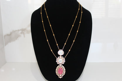 Ornate Majesty Moissanite Polki Long Necklace Set - Pink