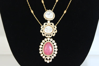 Ornate Majesty Moissanite Polki Long Necklace Set - Pink