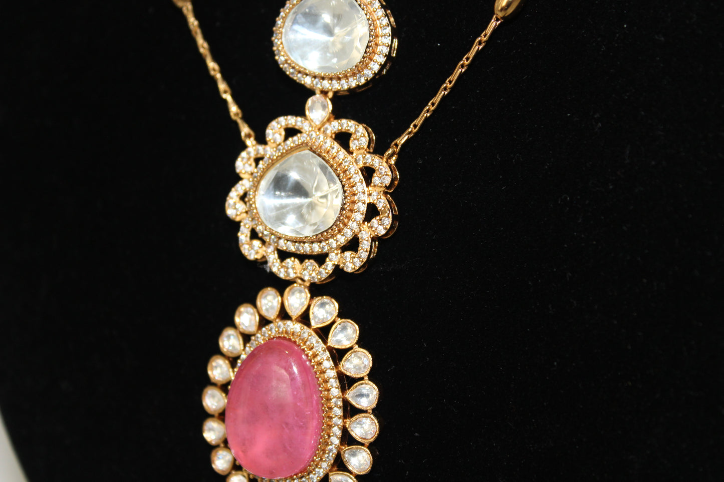 Ornate Majesty Moissanite Polki Long Necklace Set - Pink