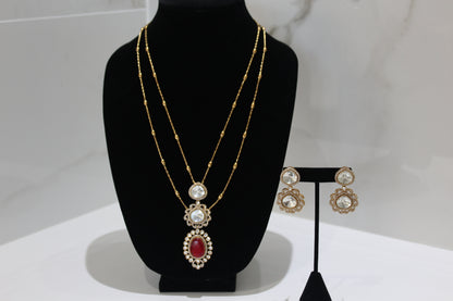 Ornate Majesty Moissanite Polki Long Necklace Set - Red