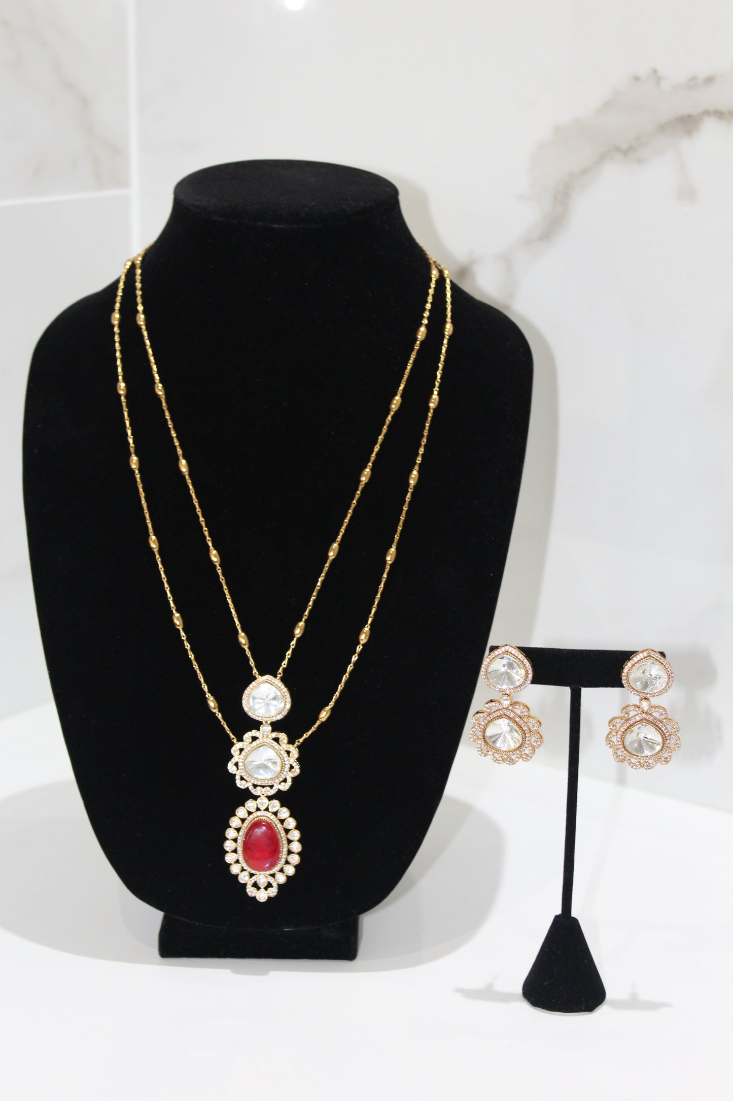 Ornate Majesty Moissanite Polki Long Necklace Set - Red