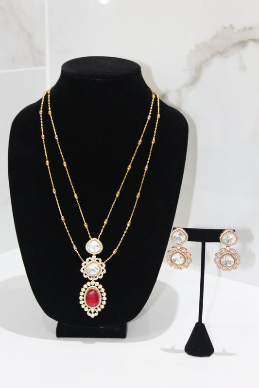 Ornate Majesty Moissanite Polki Long Necklace Set - Red