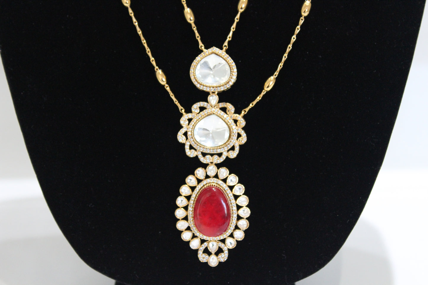 Ornate Majesty Moissanite Polki Long Necklace Set - Red