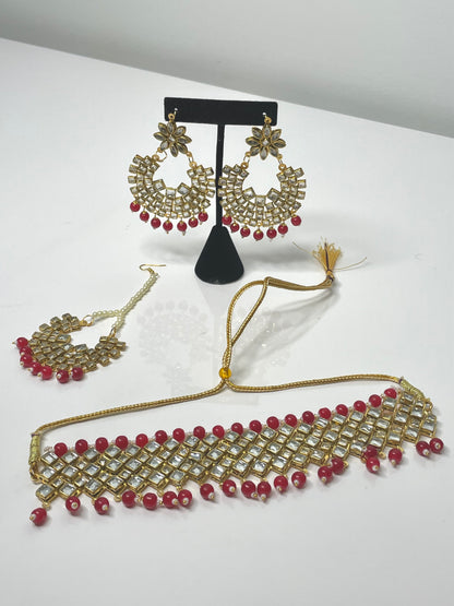 Floral Fantasy Pachi Kundan Choker Set - Red