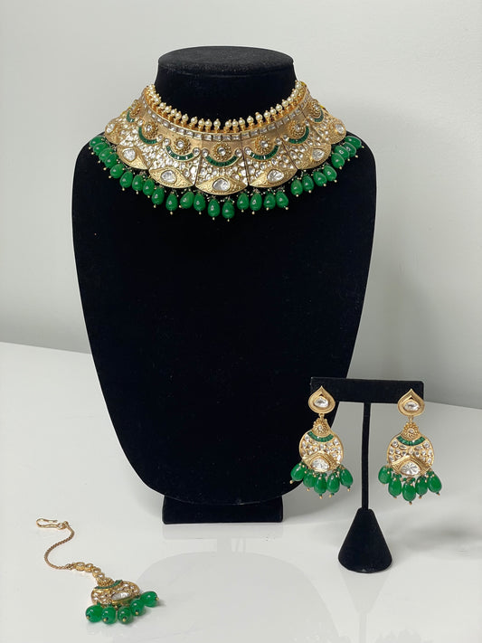 Regal Pachi Kundan Bridal Set - Green