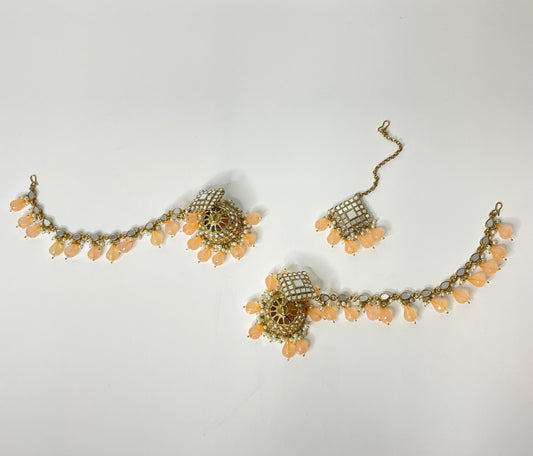 Peach Blossom Chain Earrings and Tikka Set