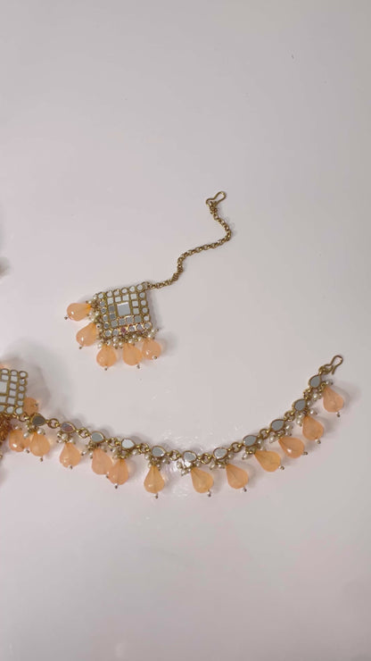 Peach Blossom Chain Earrings and Tikka Set